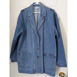 VTG CMC Denim Blue Long Oversized Jean Blazer Jacket Womens Medium Made in USA